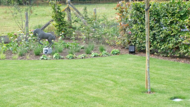 AUDAC VIRO5-luidspreker in de tuinborder van een privéwoning te Voorde